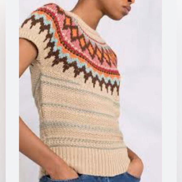 POLO Ralph Lauren Jacquard Knit Cap Sleeve Neutral Fair Isle Style Sweater XL - Picture 2 of 13